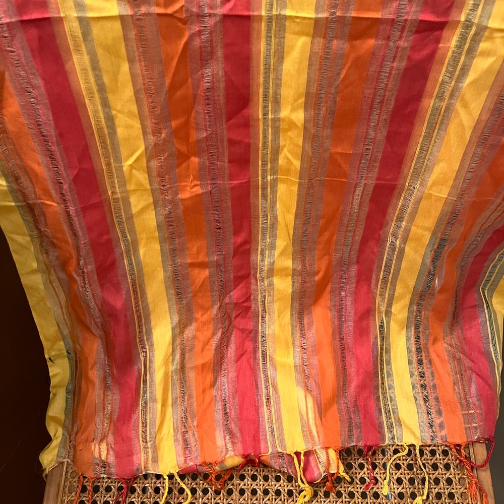 Long luxurious 100% silk yellow orange persimmon red striped silk scarf. NWT.